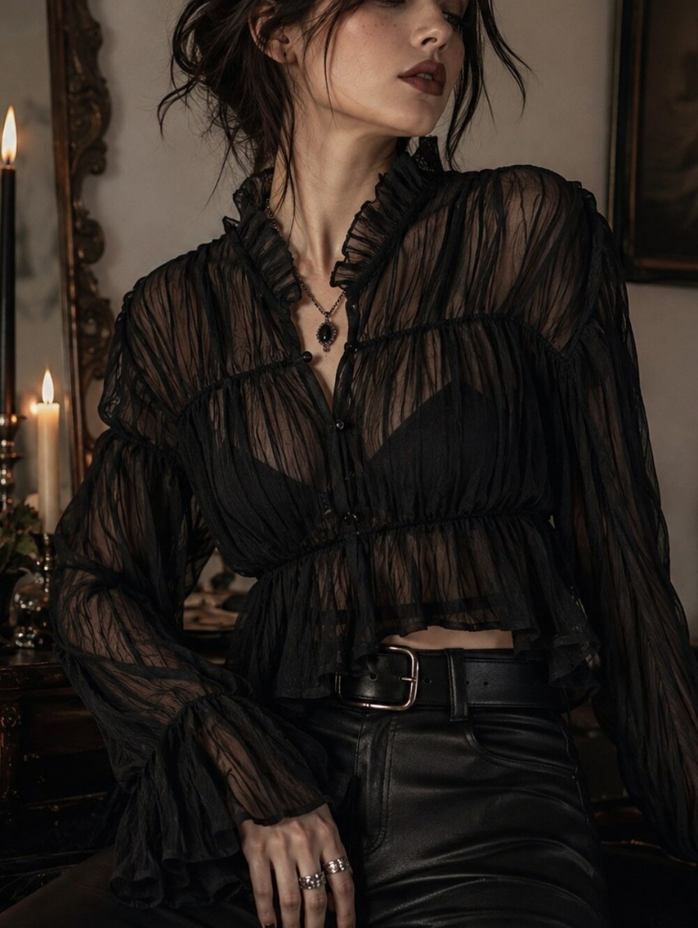 NWT Commense Black Sheer Ruffle Blouse M Witchy Goth Coquette Victorian Top